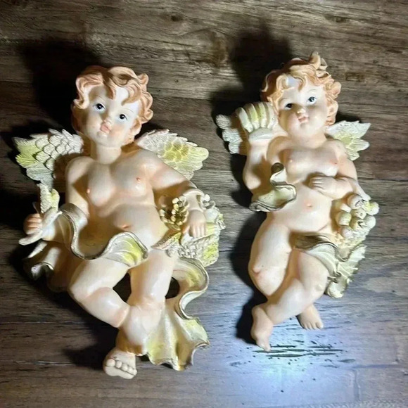 Angels Set of 2 Cherub Resin VINTAGE Wall Hanging Home Accent Decor Plaques - Picture 3 of 16